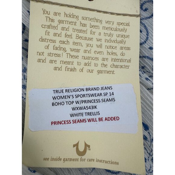 True Religion Womens Boho Top S Blue & White Trellis Print With Princess Seams - Picture 7 of 16